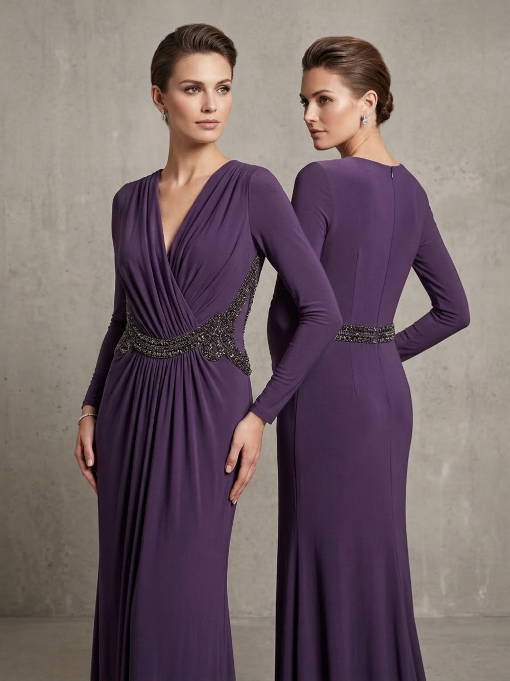 Mignon Plum Long Sleeve Beaded Waist Gown